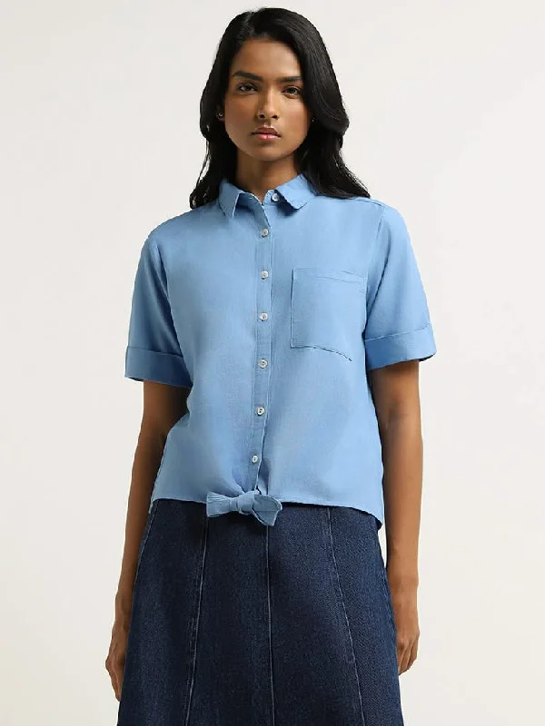 Early Access LOV Blue Tie Up Blended Linen Shirt
