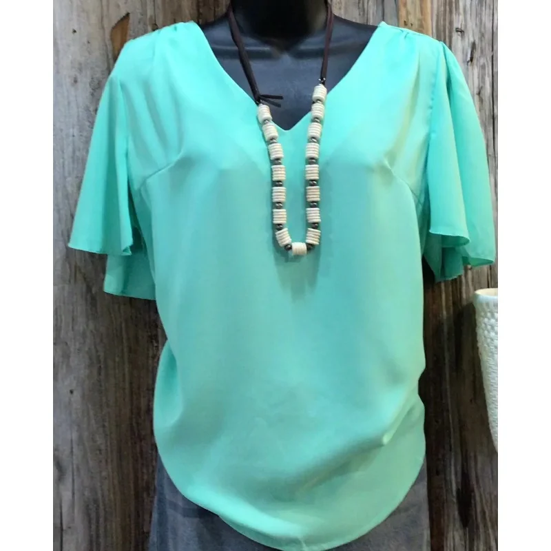 Early Access Woven Wool Peach Waterfall Sleeve V-Neck Round Hem Top, Green Mint