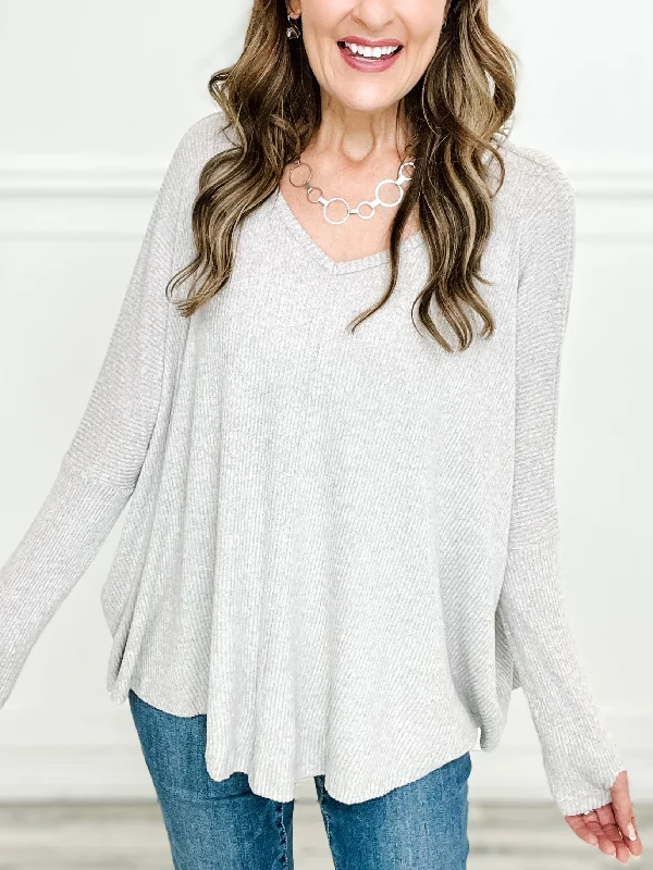 Flash Deals Oversized Soft Ribbed V-Neck Long Sleeve Sweater with Thumb Holes