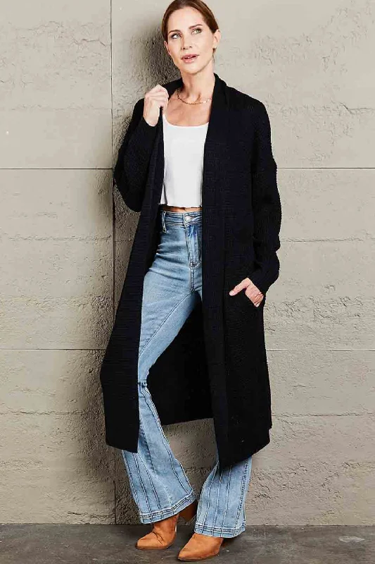 Mega Deal Waffle Knit Open Front Duster Cardigan With Pockets