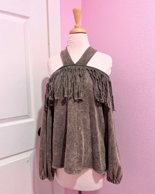 Price Reduction Olive Mineral Dyed  Cold Shoulder Top