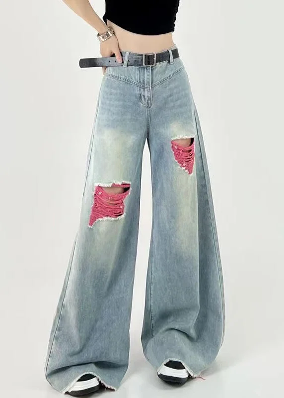 Holiday Sale Boutique Pink Patchwork Ripped Denim Wide Leg Pants Fall