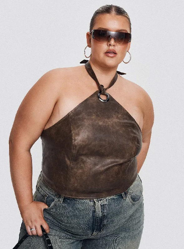 Season Finale Sale Treat You Better Ring Detail Faux Leather Top Brown Curve