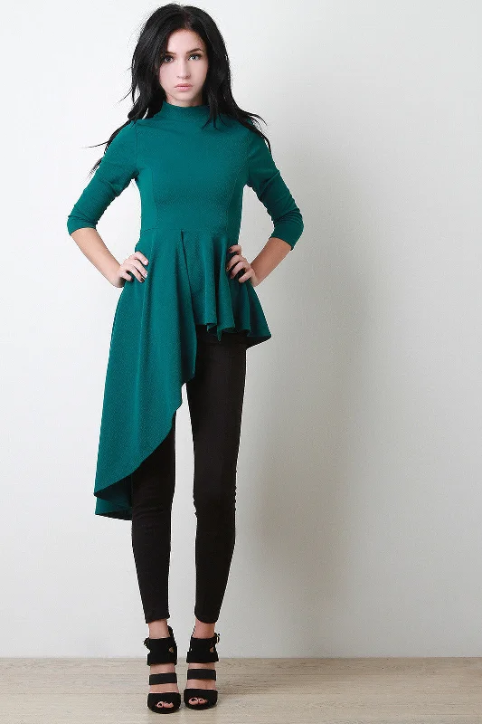 Low Price Crepe Mock Neck Asymmetrical Peplum Top