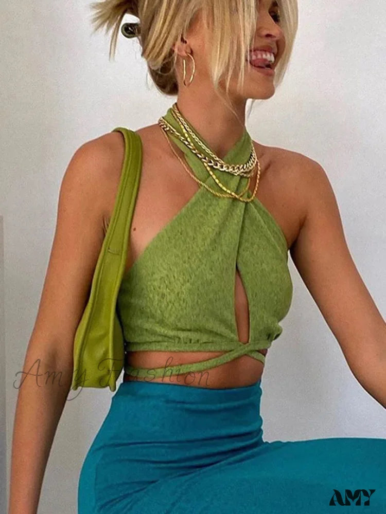 Overstock Sale AMY - Sexy Green Bandage Halter Backless Club Party Crop Top