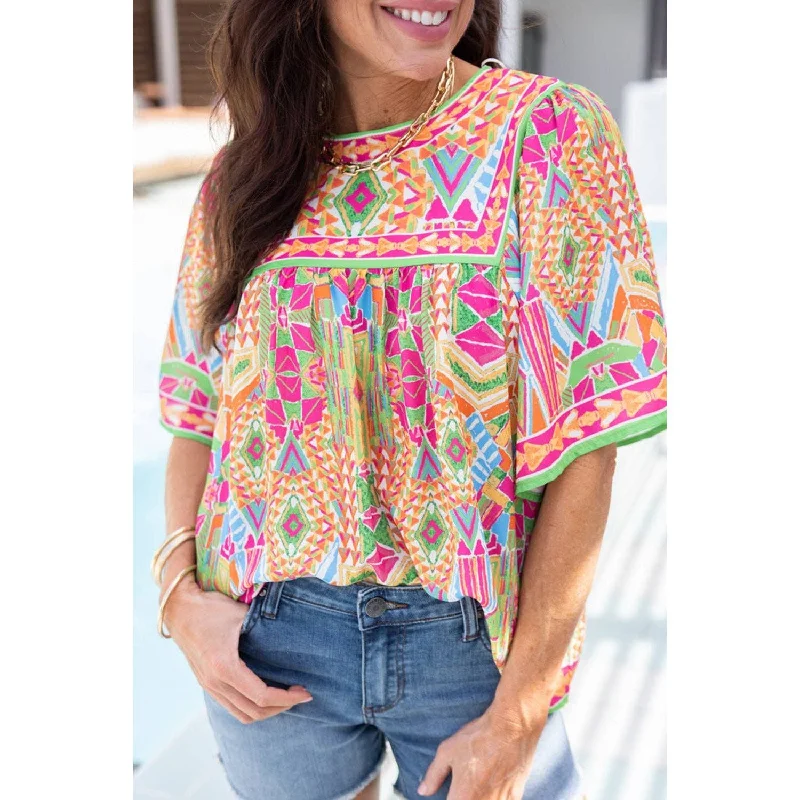 Closeout Deal Geometric Bell Sleeve Babydoll Blouse