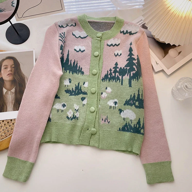 Discount Deals Country Sheep Cardigan (Pink/Green)