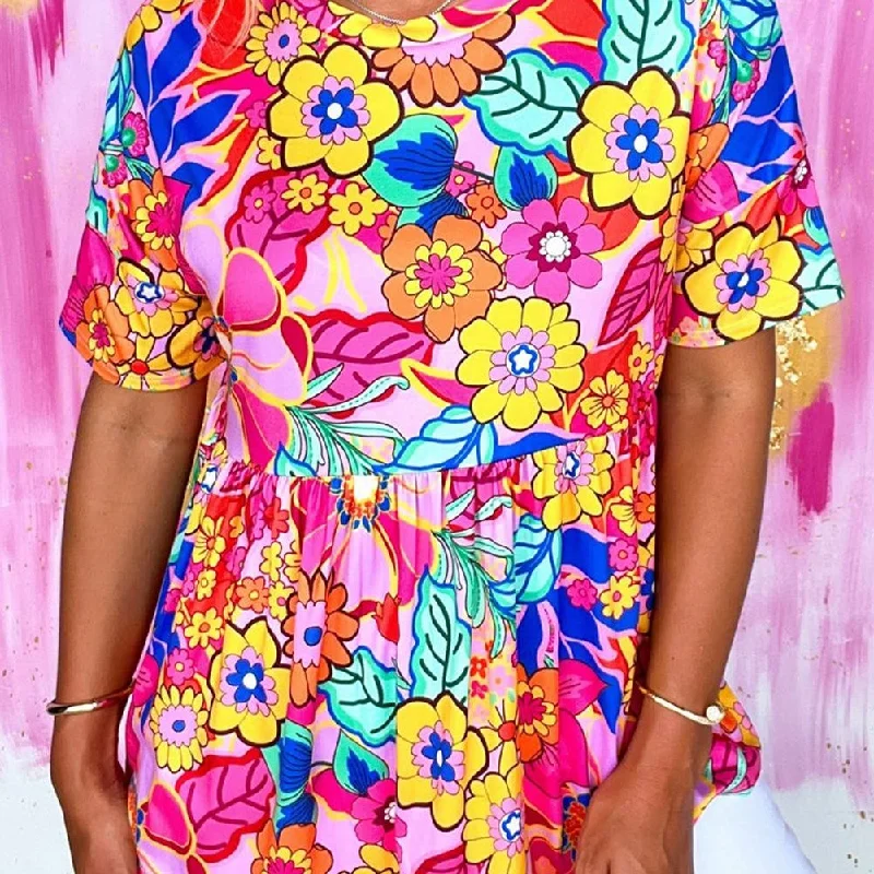 Clearance Sale Floral Print Short Sleeve Pleated Babydoll Top
