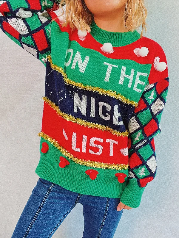 Weekend Wonders Await! Pom-Pom Contrast Round Neck Long Sleeve Sweater