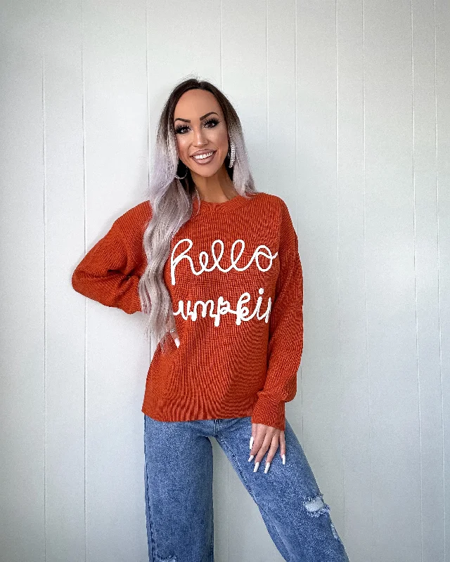 Holiday Sale Hello Pumpkin Graphic Sweater - Rust