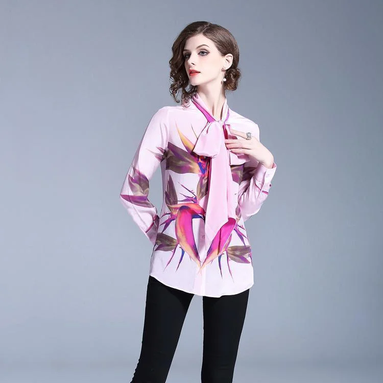 Act Now Women Chiffon Blouse Pink Bow Tie Blouse