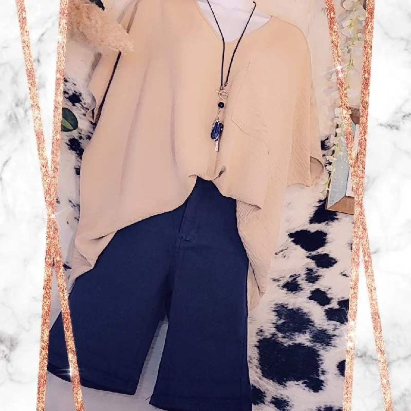 Weekend Deals That Sparkle Woven Airflow V-Neck Dolman Short Sleeve Top, Beige