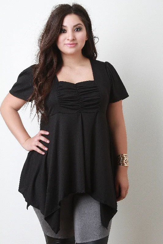 Markdowns Back Tie Cinched Short Sleeves Handkerchief Hem Peasant Top
