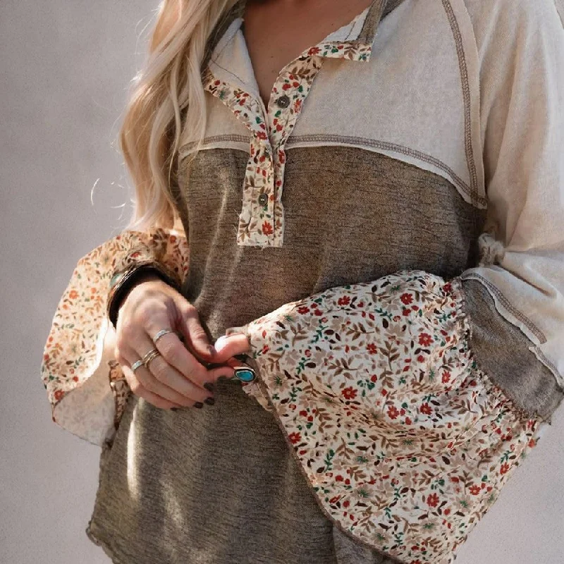Time-Limited Offer Floral Patchwork Flared Sleeve Henley Top