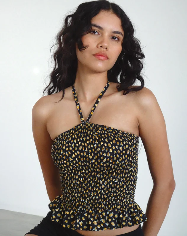 Instant Discount Phobe Shirred Halterneck Top in Ditsy Floral Bronze