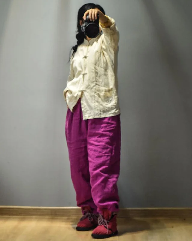 Stock Clearance Loose Solid Color Elastic Waist Linen Padded Pants Ladies Vintage Autumn Winter Harem Trousers