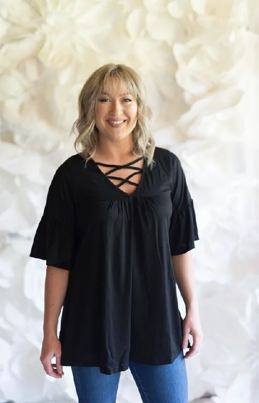 Limited Availability Black Criss Cross Bell Sleeve Tunic