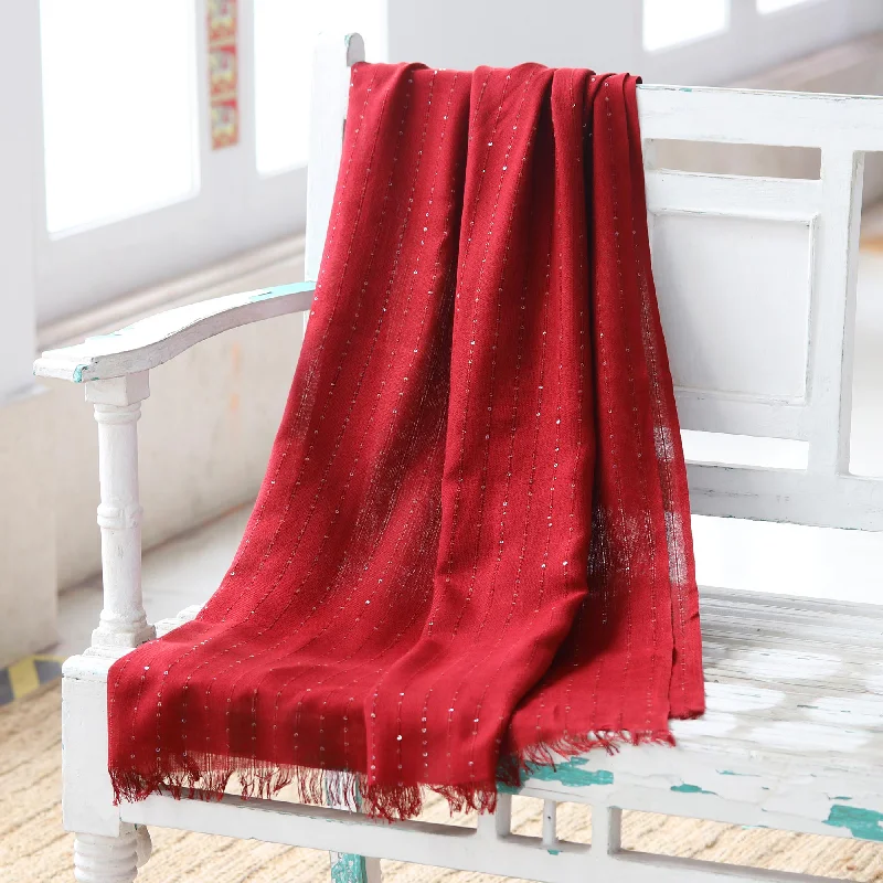 Online Specials Garnet Glimmer Embellished Viscose Shawl in Cranberry from India