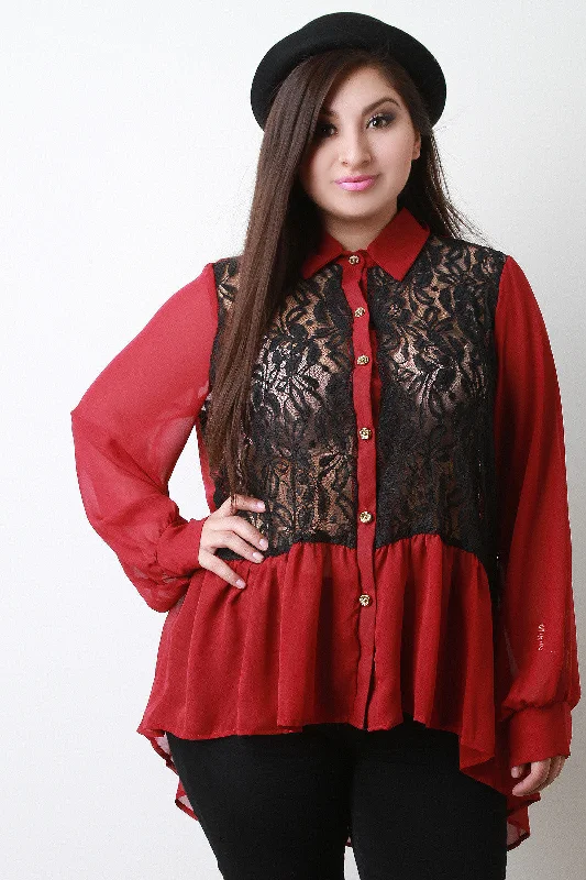Referral Discount Floral Lace Panels Chiffon Button Up Top
