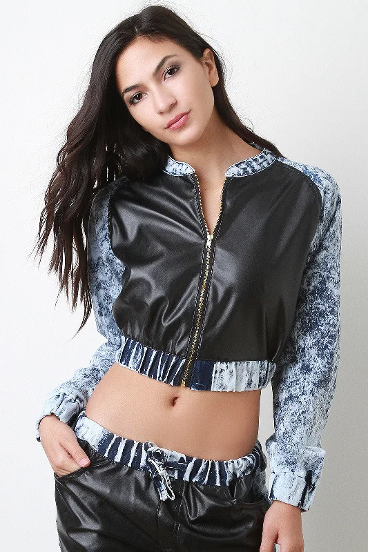 Instant Discount Denim Acid Wash Leather Panels Crop Jacket