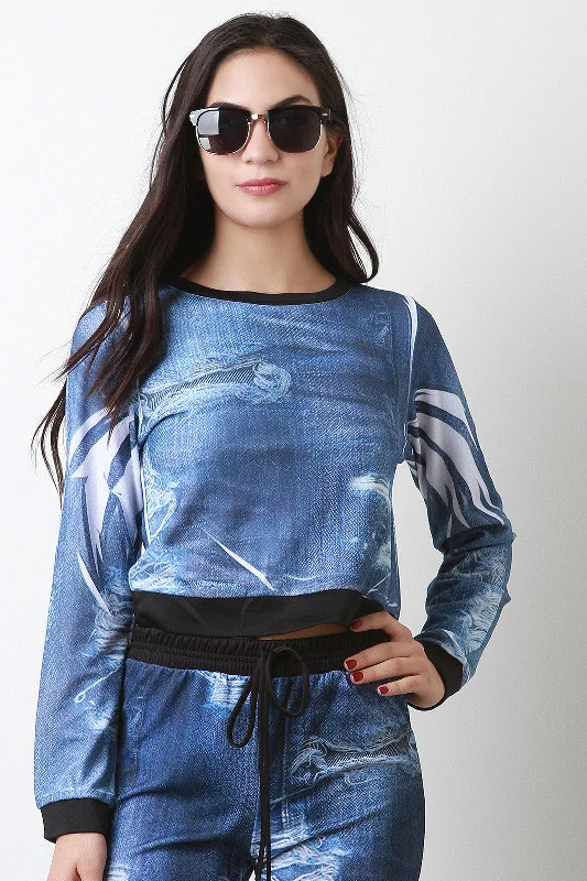 Year-End Clearance Distressed Denim Print Sweatshirt Crop Top