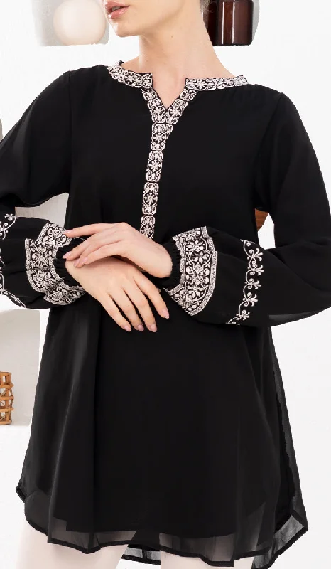 Weekend Savings Spectacle Amalie Embroidered Long Modest Tunic - Black