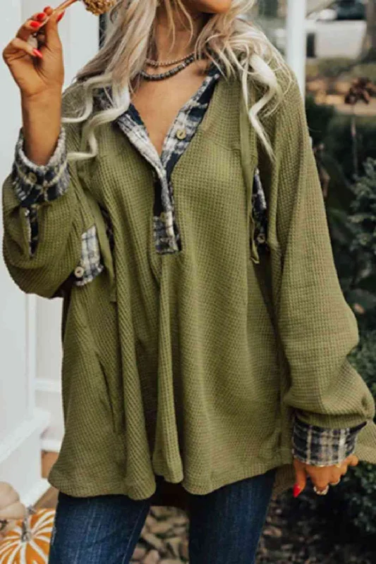 Weekend Deals That Amaze Waffle-Knit Buttoned Long Sleeve Hoodie
