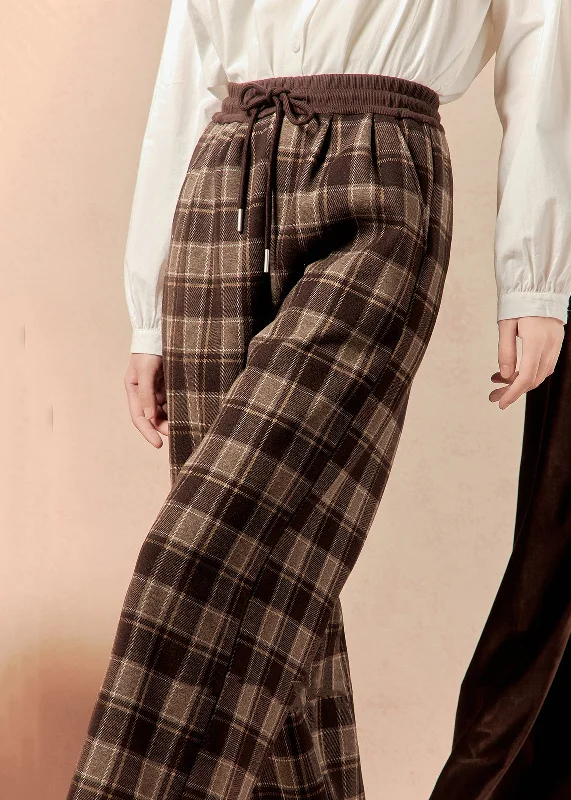 Markdowns New Coffee Plaid Pockets Drawstring Warm Fleece Pants Winter