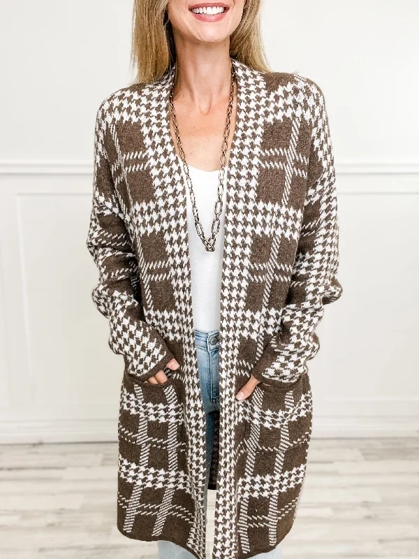 Price Slash Long Length Houndstooth Open Front Cardigan