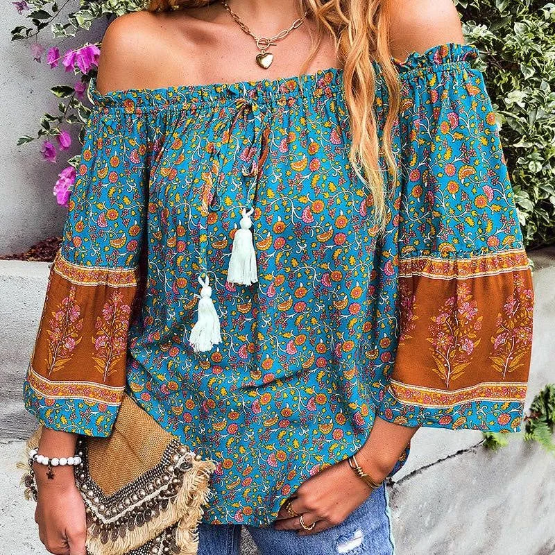 Price Reduction Off Shoulder Long Sleeve Drawstring Color Blocked Floral Top:  GREEN