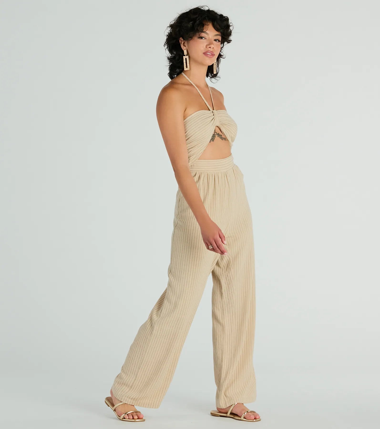 Mega Sale Coastal Cutie Halter Cutout Striped Linen Jumpsuit