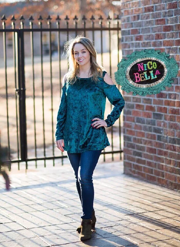 Weekend Savings Bonanza Green Velvet Cold Shoulder Tunic