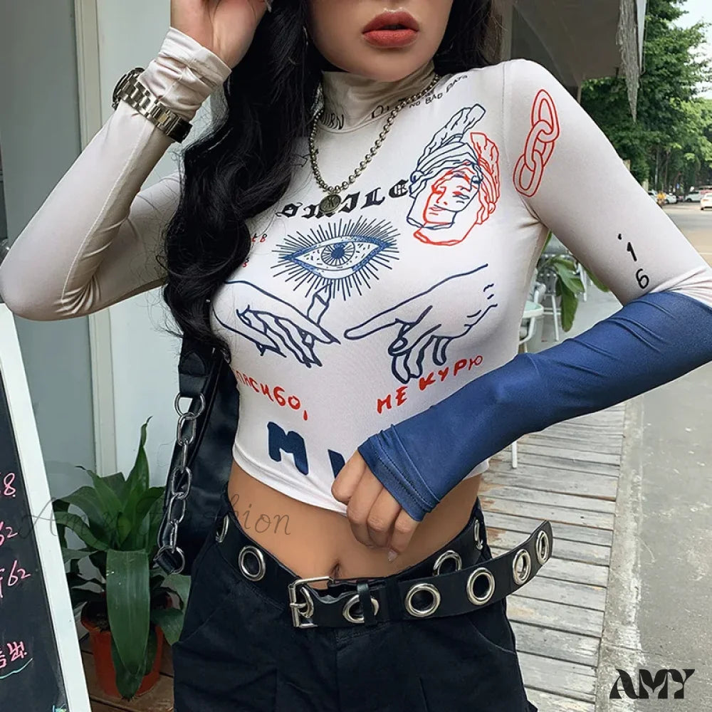 Price Meltdown AMY - High Street Casual Funny Print Stretch Slim Autumn Crop Top