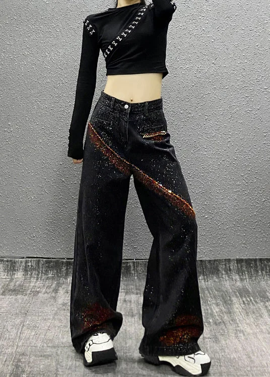 Bargain Bin Boutique Black Pockets Nail Bead Denim Wide Leg Pants Fall