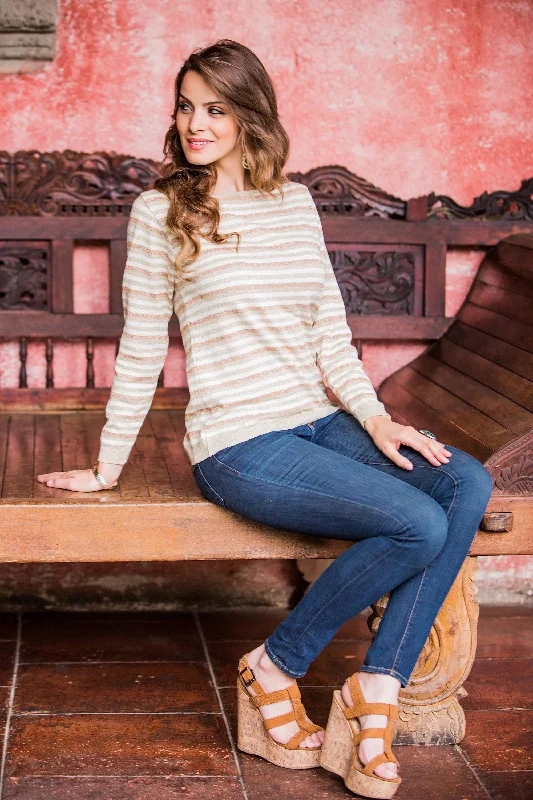 Price Slash Horizon Women's Cotton Sweater with Ivory Jade Brown Stripes