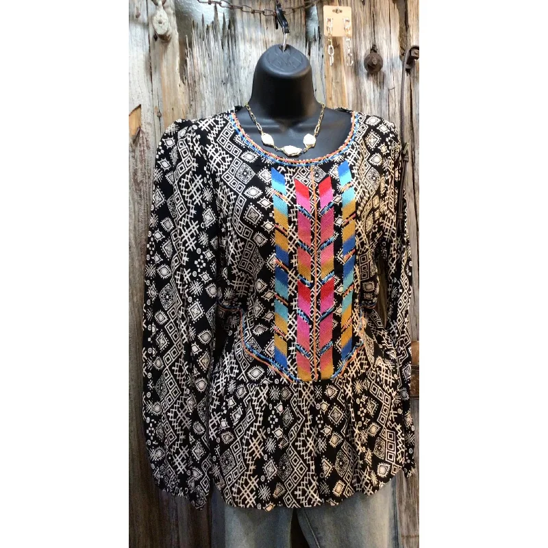 Crazy Savings Black & Ivory Print Top with Embroidery Long Sleeves