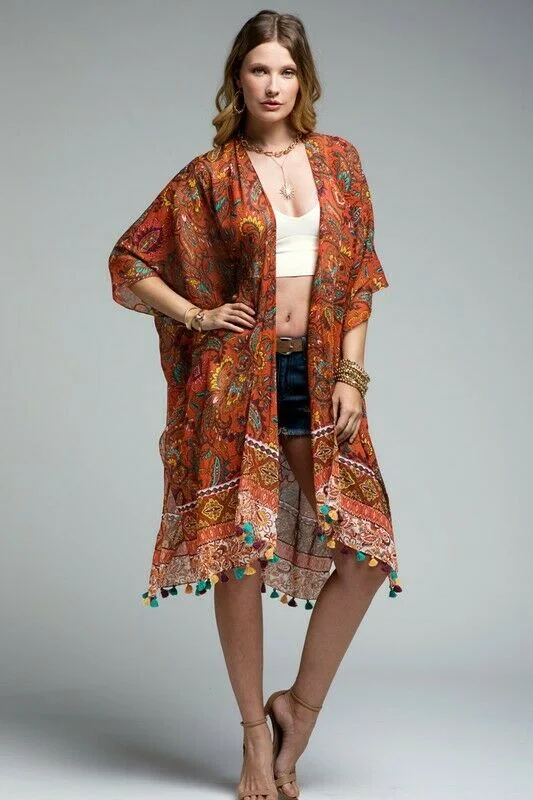 The Best Prices Vintage Rust Intricate Jacobean Tassel Bohemian Kimono Wrap One Size Womens