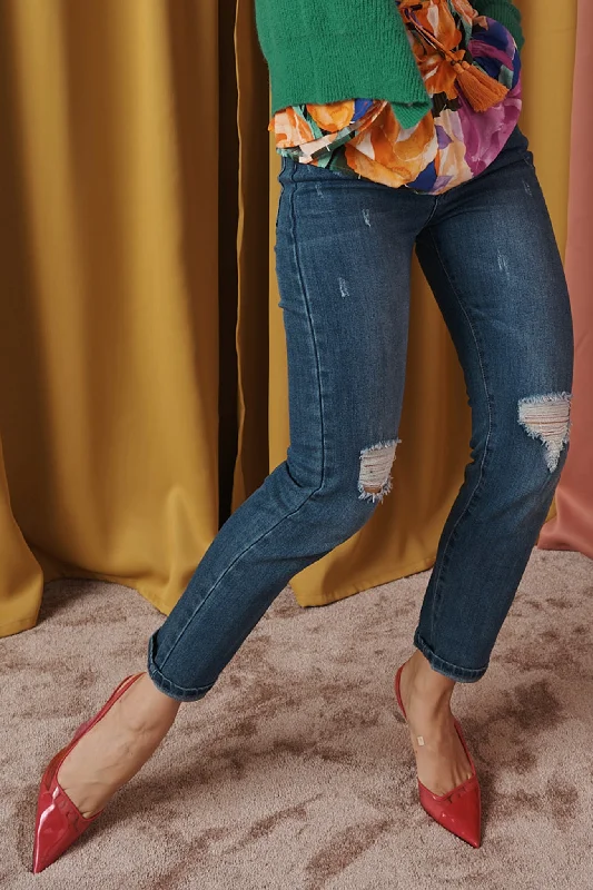 Deal of the Day In Transit Mid Rise Skinny Jean In Blue Distressed Denim