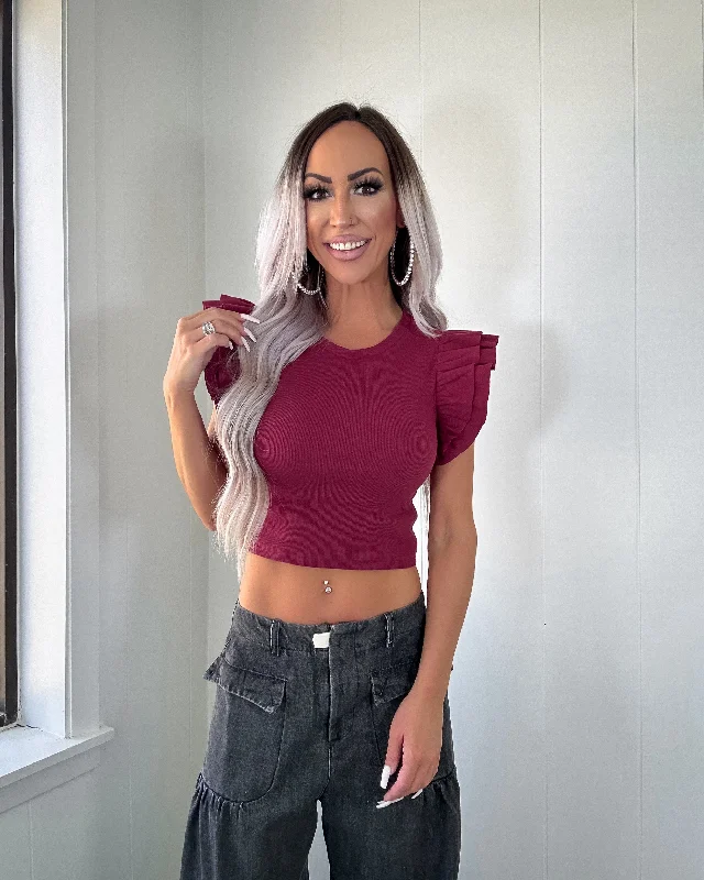 Exclusive Deal Claim To Love Ribbed Ruffle Sleeve Crop Top - Maroon