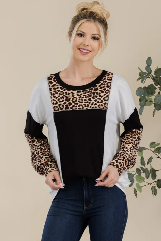 Savings Event Celeste Full Size Leopard Color Block Exposed Seam T-Shirt