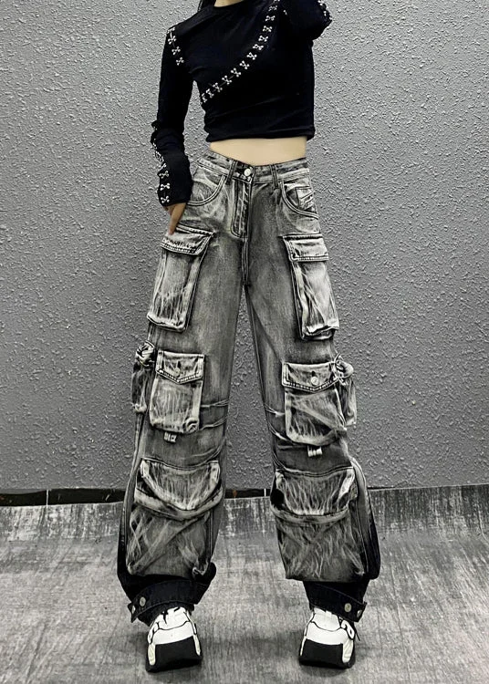 Stock Clearance Casual Gray Black Multi Pocket Denim Pants Autumn