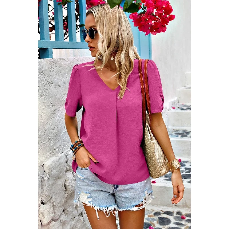 Shop and Save Solid V Neck Chiffon Basic Loose Fit Blouse: FUCHSIA