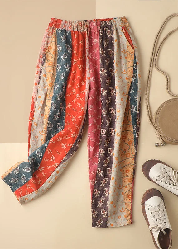 Savings Event Bohemian Colorblock Elastic Waist Pockets Patchwork Linen Harm Pants Summer