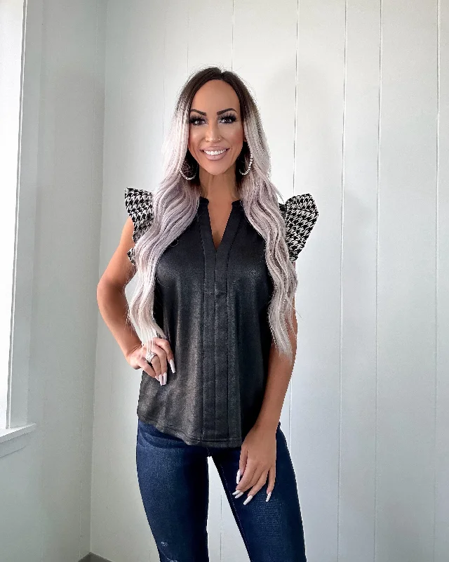 Half Price All I Ever Wanted Houndstooth Ruffle Top - Black