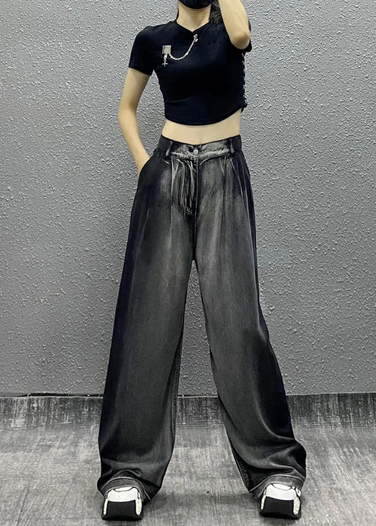 Clearance Event Women Black Grey Pockets Patchwork Denim Wide Leg Pants Fall