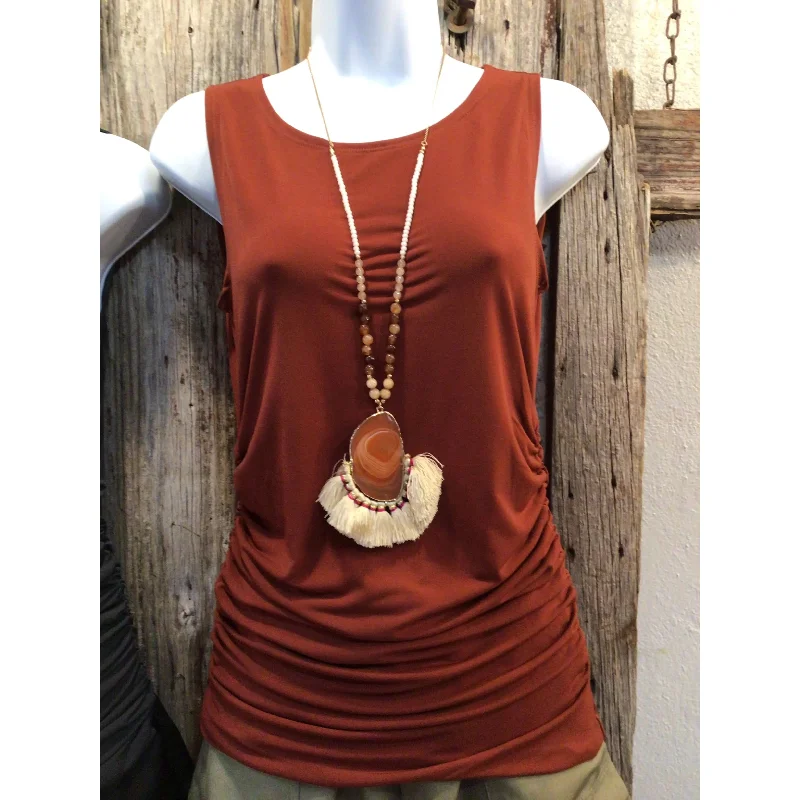 Weekend Bargains to Love Ity Side Ruched Sleeveless Top, Dark Rust