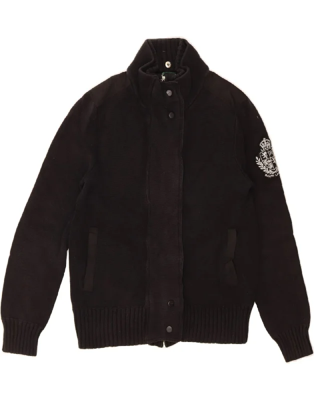 Weekend Deals You Can't Resist RALPH LAUREN Womens Crop Knit Bomber Jacket UK 14 Medium Black Cotton