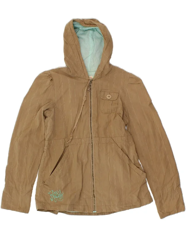 Doorbuster Deal ROXY Womens Hooded Bomber Jacket UK 12 Medium Brown Striped Cotton