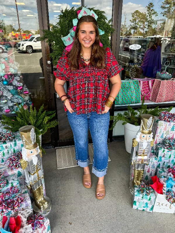Friends and Family Sale Xmas Plaid Peplum Top: Red