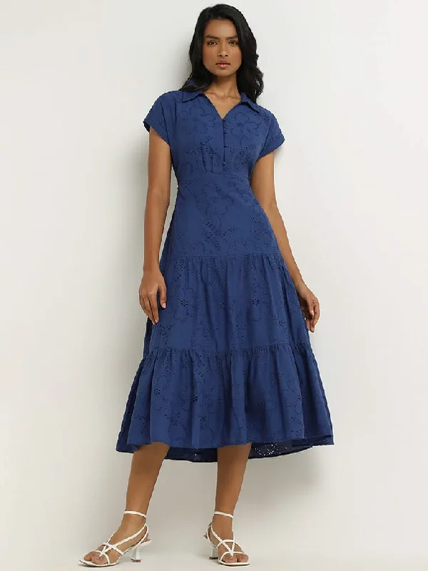 Lowest Rates LOV Blue Schiffli Back Cotton Cut Out Dress